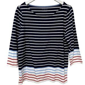 TALBOTS Stripe Tee Size Large Navy Blue Cotton Womens Nautical Top 3/4 Sleeve